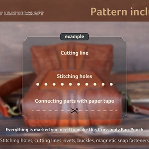 May include: A close-up of a leather crossbody bag pattern with instructions for cutting, stitching, and connecting parts. The pattern includes stitching holes, cutting lines, rivets, buckles, and magnetic snap fasteners. The text "example" is visible in the upper right corner of the image.