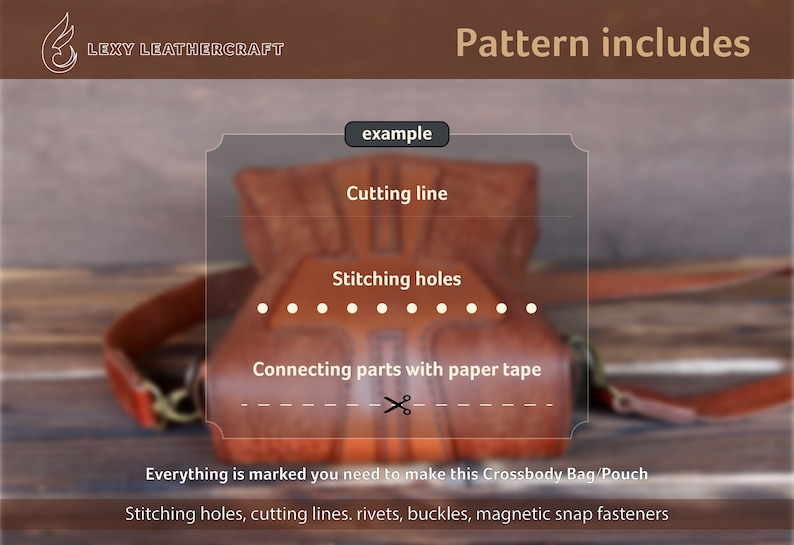 May include: A close-up of a leather crossbody bag pattern with instructions for cutting, stitching, and connecting parts. The pattern includes stitching holes, cutting lines, rivets, buckles, and magnetic snap fasteners. The text "example" is visible in the upper right corner of the image.