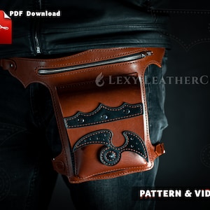 May include: A brown leather belt with a black leather pouch attached. The pouch has a zipper closure and a decorative design. The text "LEXYLEATHERCRAFT" is visible on the pouch. The text "PATTERN & VIDEO" is visible at the bottom of the image.