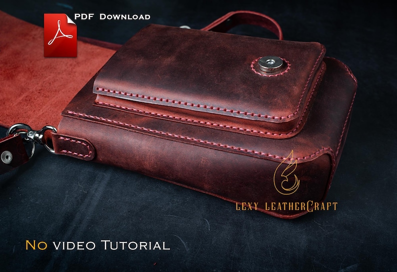 May include: A burgundy leather bag with a flap closure and a silver snap. The bag features visible stitching in a lighter red thread. The words "PDF Download" and "No Video Tutorial" are visible in the image.