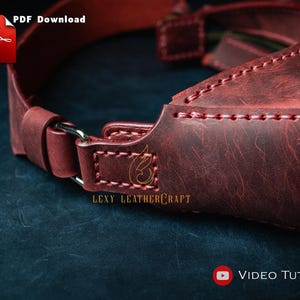 May include: Close-up of a burgundy leather product with visible stitching and a metal ring. The product has a textured surface and the text "Lexy Leathercraft" is visible. The image also includes the text "PDF Download" and "Video Tutorial".
