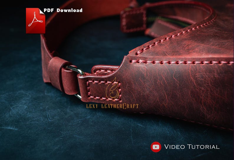 May include: Close-up of a burgundy leather product with visible stitching and a metal ring. The product has a textured surface and the text "Lexy Leathercraft" is visible. The image also includes the text "PDF Download" and "Video Tutorial".
