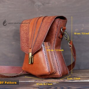 May include: A brown leather crossbody bag with a flap closure and a metal buckle. The bag measures 7.5 inches tall, 6.7 inches wide, and 2 inches deep.  PDF Pattern.