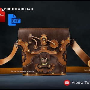 May include: A brown leather shoulder bag featuring decorative gear-shaped cutouts, brass-colored rivets, and a central buckle closure. The bag includes a long adjustable strap and is accompanied by PDF and DXF digital files and a video tutorial.