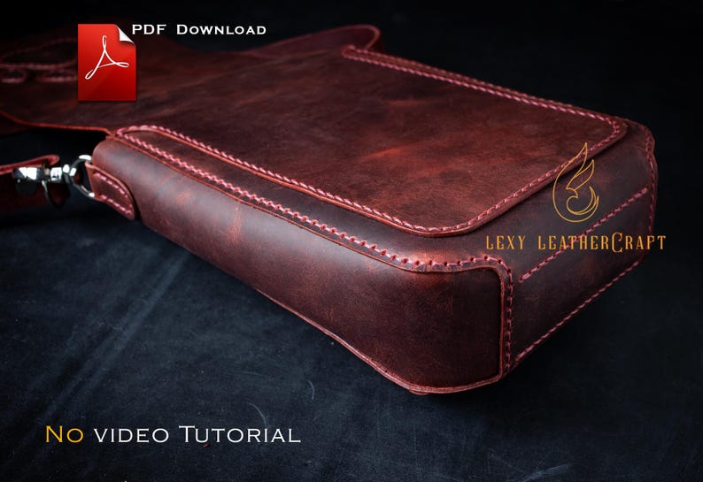 May include: A burgundy leather satchel with pink stitching. The bag has a flap closure and a silver-tone metal clasp. The text "PDF Download" and "No VIDEO TUTORIAL" are visible. The logo "Lexy Leathercraft" is also visible.