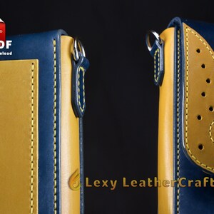 May include: A close-up of a blue and yellow leather wallet with a strap. The wallet has a decorative design on the back and a PDF download icon in the top left corner.