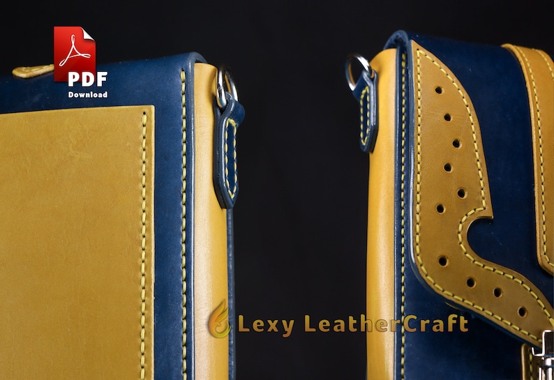 May include: A close-up of a blue and yellow leather wallet with a strap. The wallet has a decorative design on the back and a PDF download icon in the top left corner.