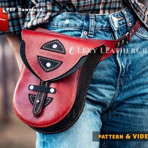 May include: A red and black leather bag with a strap and buckle. The bag is worn on a person's hip and has the text "LEXY LEATHER CRAFT" on it. The image also includes the text "PATTERN & VIDEO".