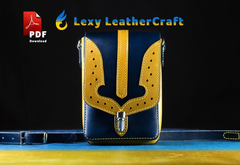 Digital leather pouch pattern in PDF and DXF formats. Handcrafted two-tone navy blue and yellow leather belt bag template featuring a perforated pattern inspired by the Ukrainian coat of arms (Trident). DIY crafting project by Lexy Leather Craft