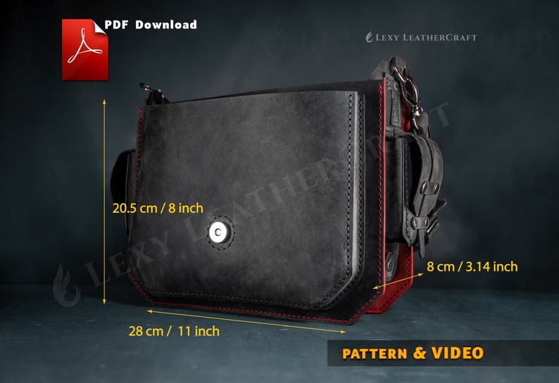 Puede incluir: Un bolso de cuero negro con costuras rojas y una hebilla plateada. El bolso mide 28 cm de ancho, 20,5 cm de alto y 8 cm de profundidad.  PDF Download, LEXY LEATHERCRAFT, PATTERN & VIDEO est&aacute;n impresos en la imagen.