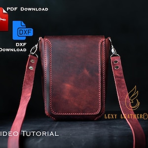 May include: A burgundy leather crossbody bag with a long strap and silver-tone hardware. The bag has a rectangular shape with a stitched design. The image also includes the text "PDF Download", "DXF Download", and "No Video Tutorial".