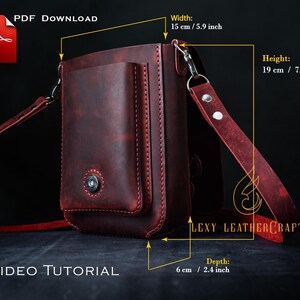 May include: A burgundy leather crossbody bag with a front pocket and adjustable strap. The bag is 5.9 inches wide, 7.5 inches high, and 2.4 inches deep. The text "PDF Download" and "No Video Tutorial" are visible.