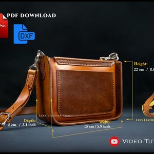 Könnte beinhalten: Eine braune Umhängetasche aus Leder in rechteckiger Form mit einer Vordertasche, einem verstellbaren Schulterriemen mit Metallbeschlägen und Maßen von 22 cm Höhe, 15 cm Breite und 8 cm Tiefe. Enthält PDF- und DXF-Symbole.