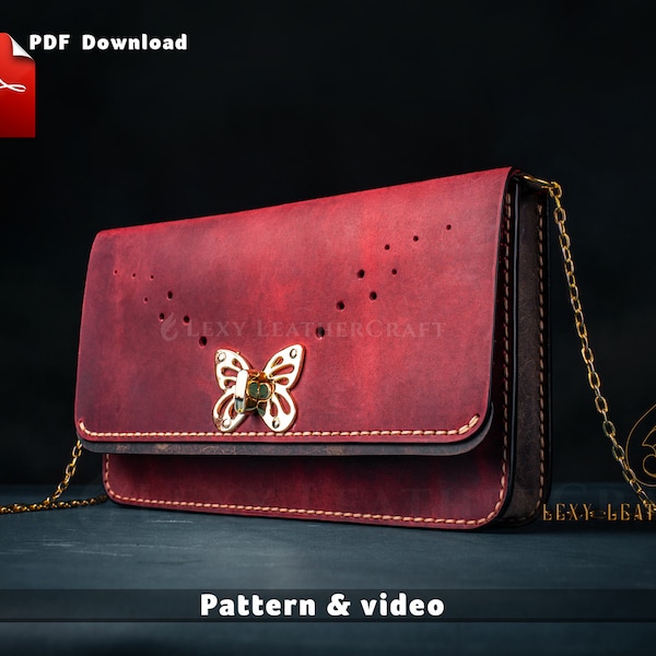 Patrón de bolso de mano de cuero, plantilla de bolso de noche tipo sobre, PDF de bolso elegante con cadena