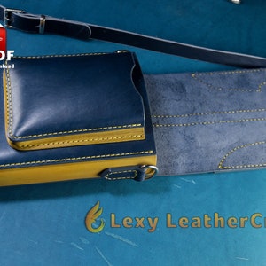 Interior view of the completed blue and yellow leather pouch. Digital sewing pattern for a small leather bag, not a physical item