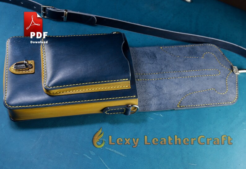 Interior view of the completed blue and yellow leather pouch. Digital sewing pattern for a small leather bag, not a physical item