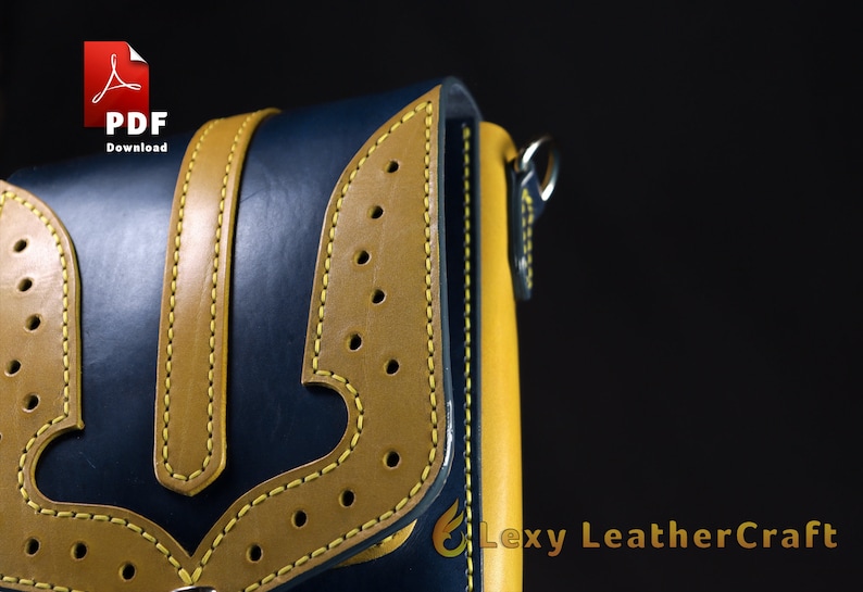Close-up of the decorative perforated yellow overlay on a blue leather bag. DIY leathercraft blueprint and template for manual crafting or laser cutting