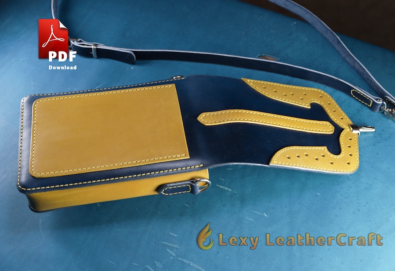 Open flap of the leather pouch revealing the interior and closure mechanism. Step-by-step DIY leather project blueprint