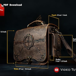 Puede incluir: Un bolso de mensajero de cuero marrón con un cierre de metal decorativo y un bolsillo frontal. El bolso mide 21 cm de alto, 27 cm de ancho y 10 cm de profundidad. El bolso tiene una correa para el hombro y un asa superior.