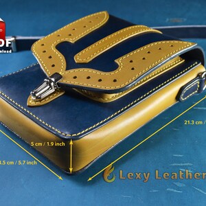 Angled view of a handmade blue and yellow leather pouch. Downloadable digital sewing pattern for leatherworkers, featuring precise 5mm stitch spacing