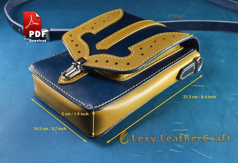 Angled view of a handmade blue and yellow leather pouch. Downloadable digital sewing pattern for leatherworkers, featuring precise 5mm stitch spacing