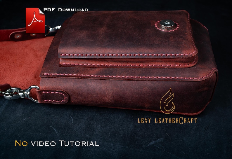 May include: A burgundy leather bag with a flap closure and a silver-tone clasp. The bag features red stitching and a strap. The words "PDF Download" and "No VIDEO TUTORIAL" are visible.