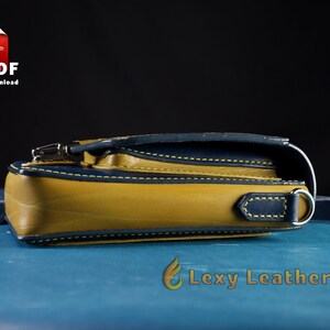 Bottom side profile of a completed two-tone leather pouch showing gusset and base construction. Digital pattern available for instant PDF download