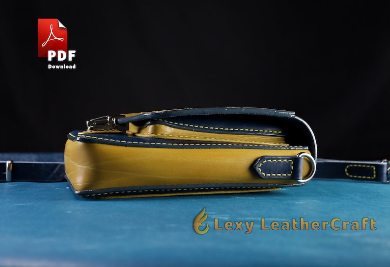 Bottom side profile of a completed two-tone leather pouch showing gusset and base construction. Digital pattern available for instant PDF download
