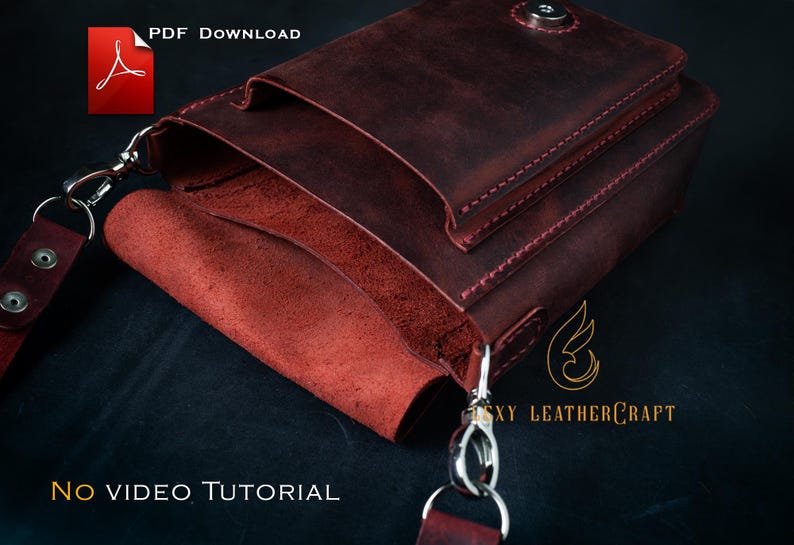 May include: A burgundy leather crossbody bag with a flap closure and a shoulder strap. The bag features visible stitching and metal hardware. The text "PDF Download" and "No VIDEO TUTORIAL" are visible.