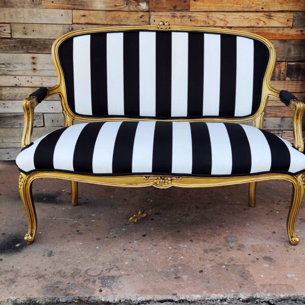 Vintage French Settee White Black and Gold Stripe Louis XV Style Loveseat