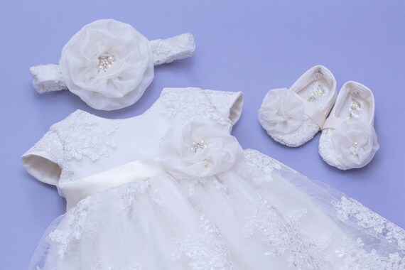 Stirnband Taufe Festkleid Taufe Kleid 3-6//6-9//9-12 Mon Ivory Baby Taufkleid