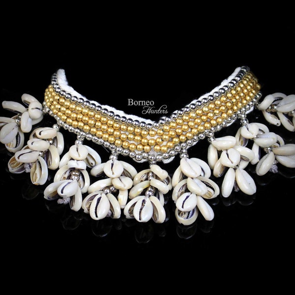 Cowrie Shell Fringe Necklace: Boho Woven Panel with Silver & Gold Beads