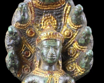 Vintage gemstone Emerald Crystal buddha sheltered by muchalinda Sculpture Naga 