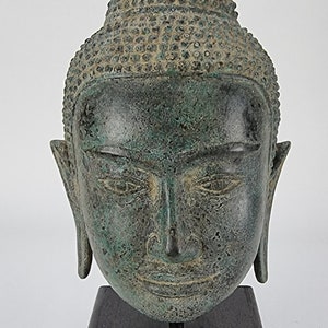 骨董　アンティーク　クメール　仏頭　ブッダ　Buddha head 仏像　石仏 仏像 - アンティーク クメール スタイル 石に取り付けられたバイヨン仏