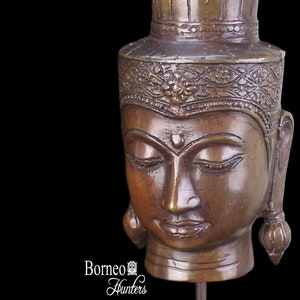 Khmer Buddha 10.5&quot;Head Sculpture Fine Buddhist Statue On Wooden Stand;Brass Buddha,Enlightenment,Peaceful,Zen,Serene Meditation Home Decor