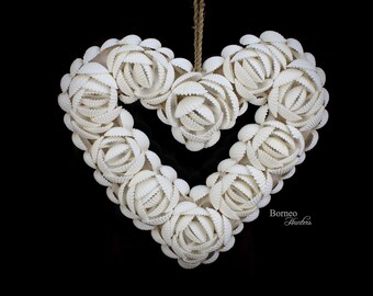 Shell Heart Wall Decor White Cockle Shell Ornament Shell Wreath Beach Cottage, Beach Wedding ,Wall Hanging (One Piece)