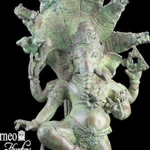 Ganesh Statue 16.1&quot; Bronze Dancing Ganesha On Kaliya, Indonesian Four Armed Ganaphati On Seven Headed Kaliya