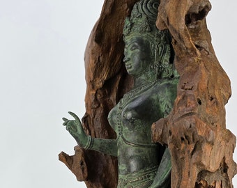 Bronze Lakshmi Statue in Natural Wood: Hindu Goddess Sculpture (73cm)