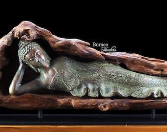 Reclining Buddha 25"/63.5CM In Natural Wood. Bronze Parinirvana Buddha Statue, Death&Rebirth Cycle Sleeping Buddha~Serene Tranquil Decor