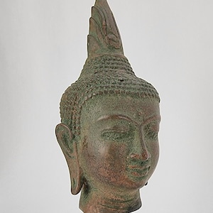 25cm Buddha Head  Bronze Buddha Head Sculpture On Base, Buddhist Statue Verde Gris Antique Buddha Rest of Senses, Balance Of Thoughts