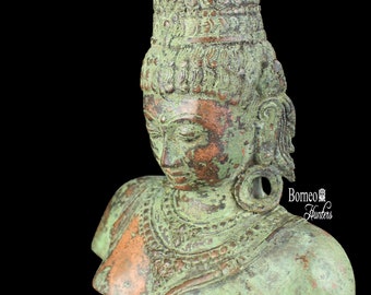 BRONZE PARVATI Bust 11.25" Goddess Parvati On Wooden Metal Stand.Sanskrit Hindu Trimurti Salvation God Sculpture Verde Gris Bronze Patina