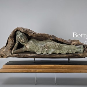 Reclining Bronze Buddha Statue in Natural Wood - Serene Tranquil Decor (68.5cm)