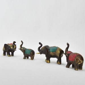 Elephant Family With Raised Trunk (Sold As Pair Of 4) Happy Elephants In Full Processional Attire Accented Red & Green