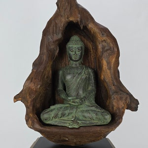 49cm Bronze Meditating Buddha in Natural Wood Indonesian Buddha &quot;Boundless Light&quot; Dhyana Mudra Meditation Zen Home Decor Colectible
