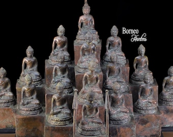17.2" Buddha Statue Of Borobudur Temple Style. Brass Set of 16 Buddhas Bhumisparsa Mudra Earth Touching God Buddha Sculpture