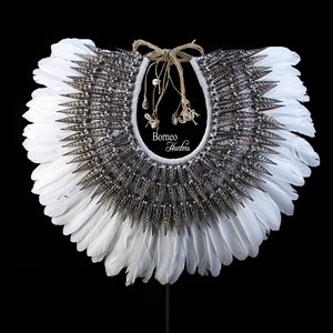 Exceptionally Large 58x45CM White Real Feather Decor. Seashell Collar With A Dramatic Fan Of Premium Quality Feathers