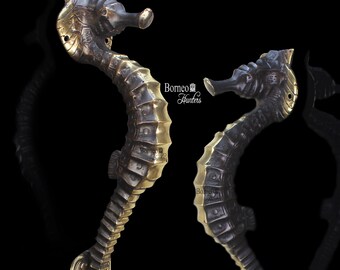 Poignées de porte en laiton moulé à la main à motif hippocampe, décor côtier, la paire