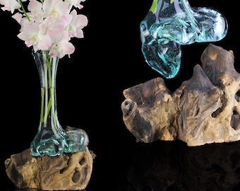 Hand Blown Glass Vase on Driftwood Base: Eco-Friendly Table Decor