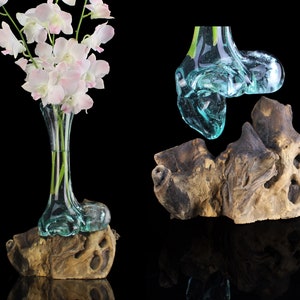 10x18x12&quot; Glass Vase On Wood Base, Hand Blown Molten Flower Vase On Sculpture Wood Base Eco Friendly Table Top Piece