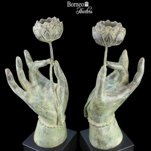 One Piece Hand Bronze Tealight Holder 16.5&quot;/42CM Lotus Candle Holder SOLD AS ONE Sculptural Hand Tea Light Holder